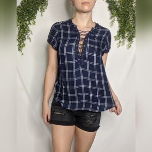 NWT Express Blue Plaid Lace up Top